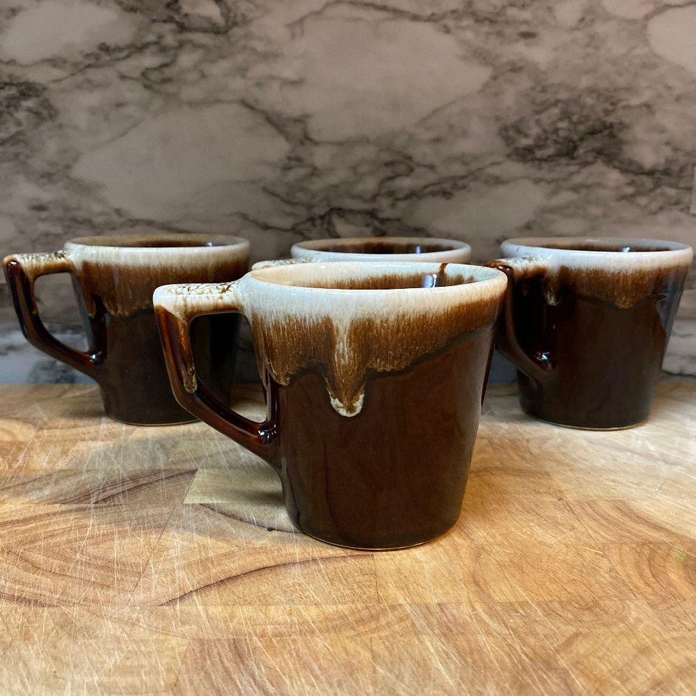 * Coffee cup set of 4 stone-wear brown drip glaze